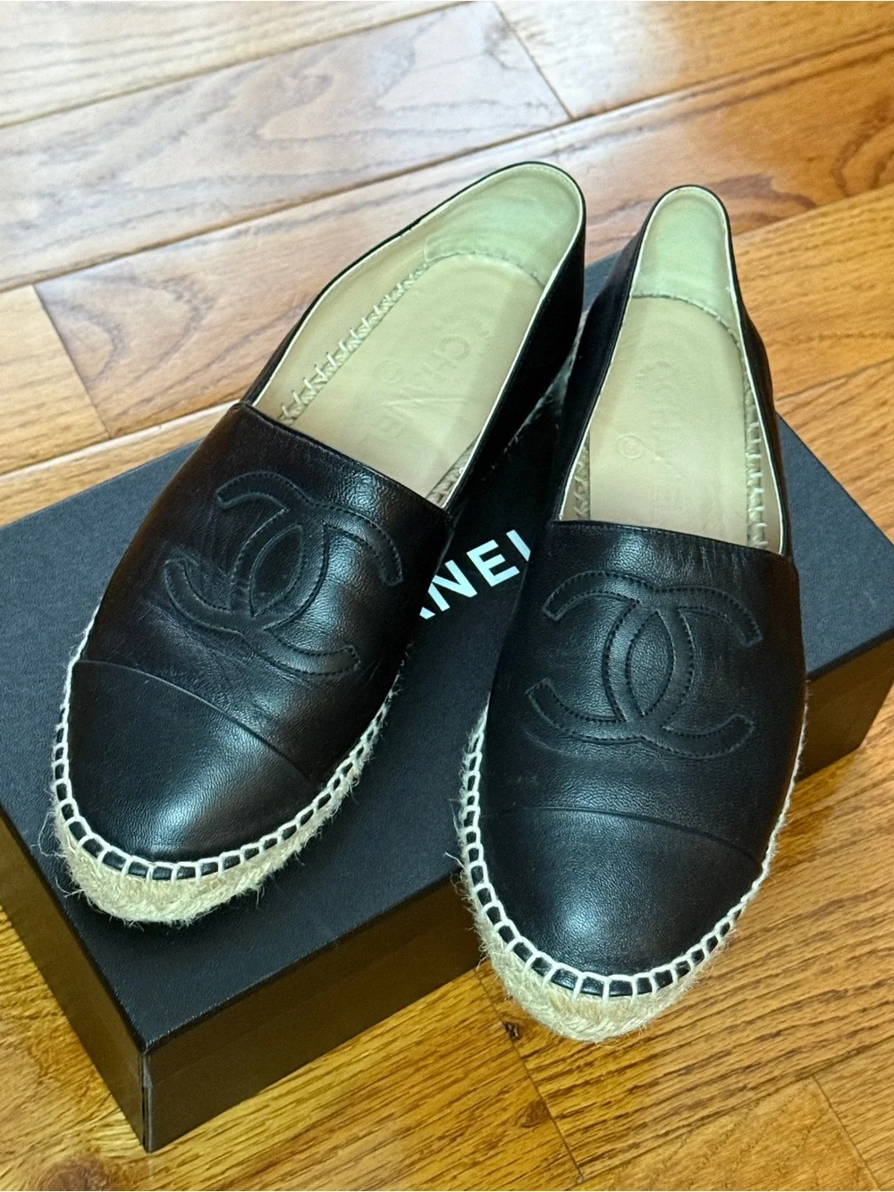 CHANEL Brown Leather Espadrille Flats with Woven Trim